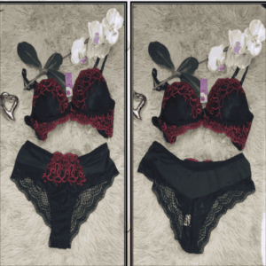 Conjunto Bicolor Preto com renda Vermelha